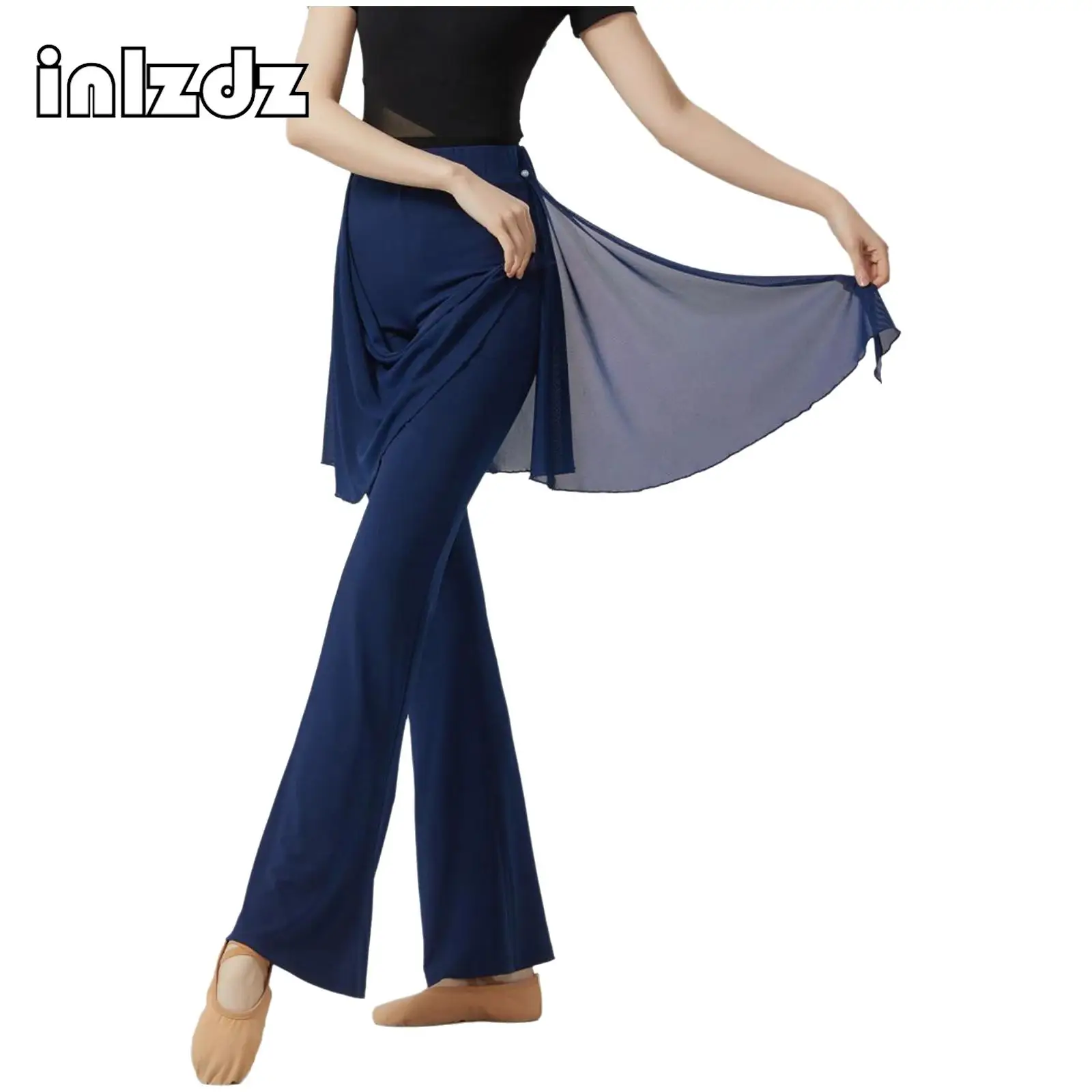 

Womens Ballet Lyrical Dance Pants Fake Two-piece Design Slightly Flared Long Pants with Irregular Overlay Hip Wrap Dance Costume