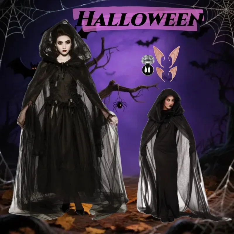 

New Halloween Witch Cosplay Costume Ghost Devil Dark Dress Cloak Suit for Women Girls Terror Theme Party Roleplay Outfits
