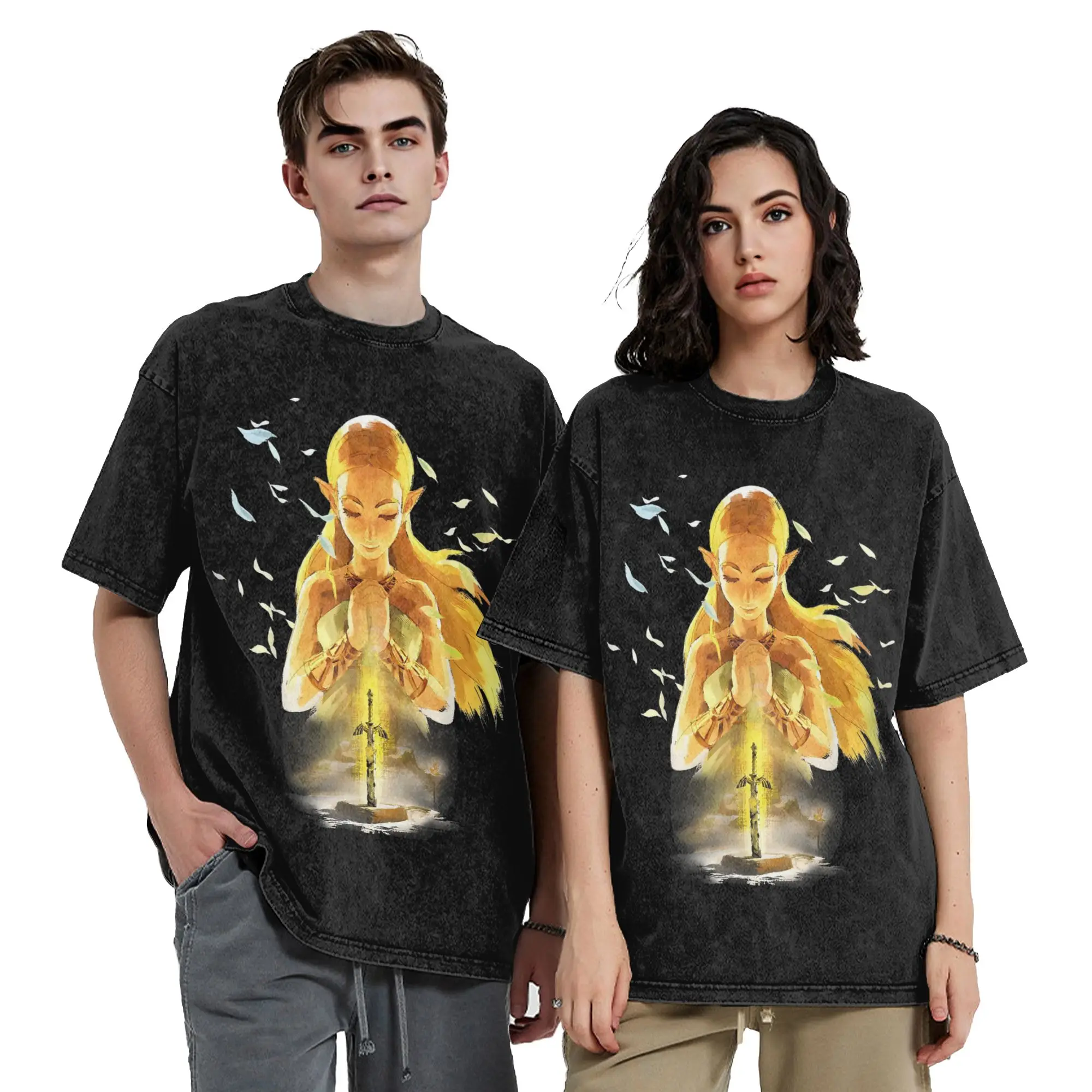 Zeldas Legend Washed T Shirts Streetwear Fashion T-Shirts Game Anime Tees for Men Women Cotton Oversize Printed