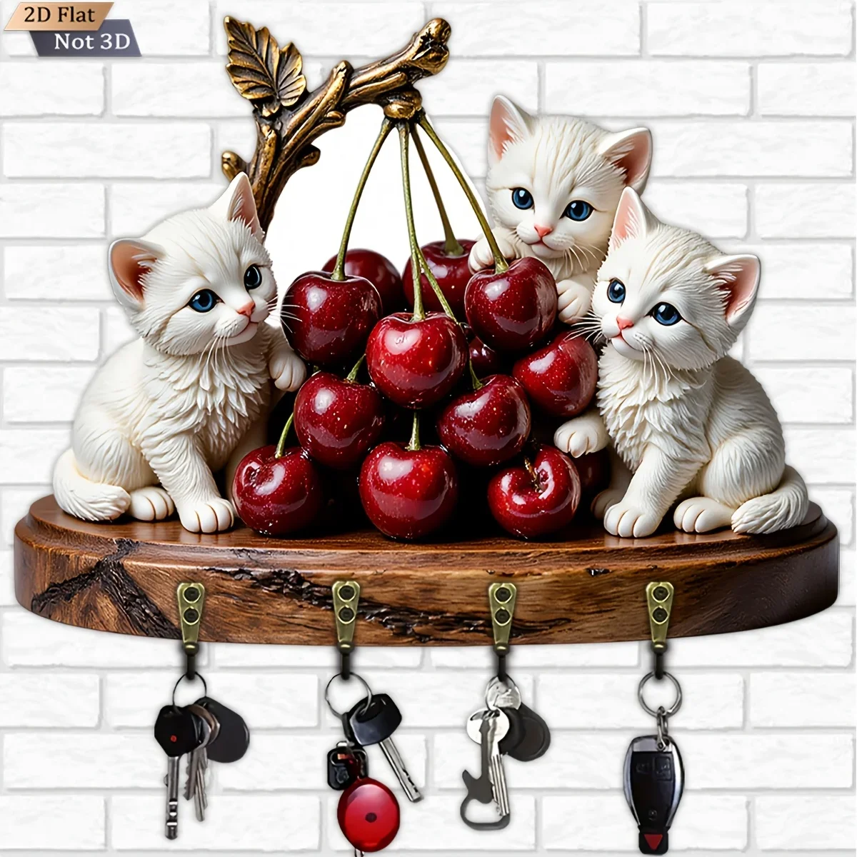 2D Flat, 1pc, Cat Cherry Shape Key Hook Wooden Multifunctional Home Key Rack with Four Metal Hooks, Wall Decoration, Porch