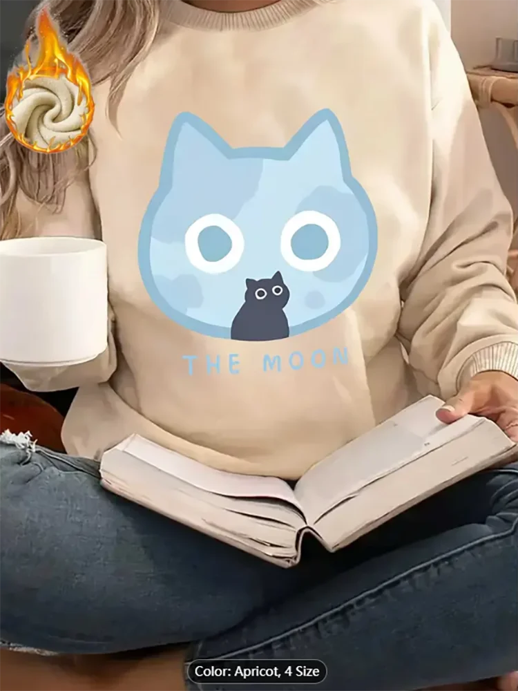 

Женская абрикосовая толстовка с графическим принтом «Лунный кот», повседневный пуловер на флисовой подкладке большого размера, топ для любителей кошек, чистый хлопок