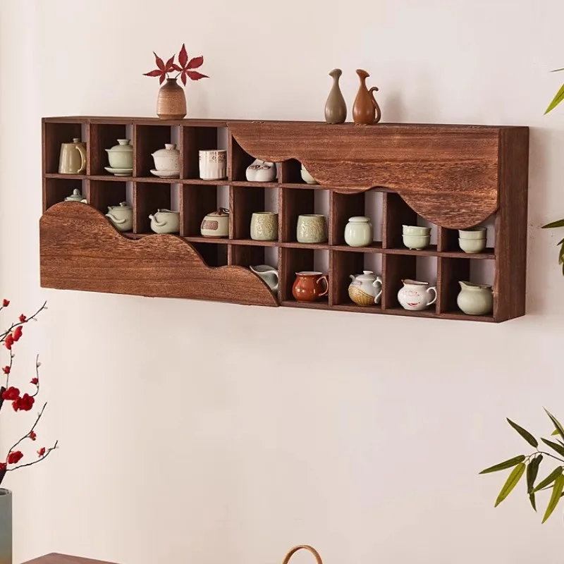 Wall-Mounted Storage Floating Shelves, Wooden Rectangle Cubic Bookshelf Tea Cup/teapot/teapot Rack Multifunction Storage Lattice