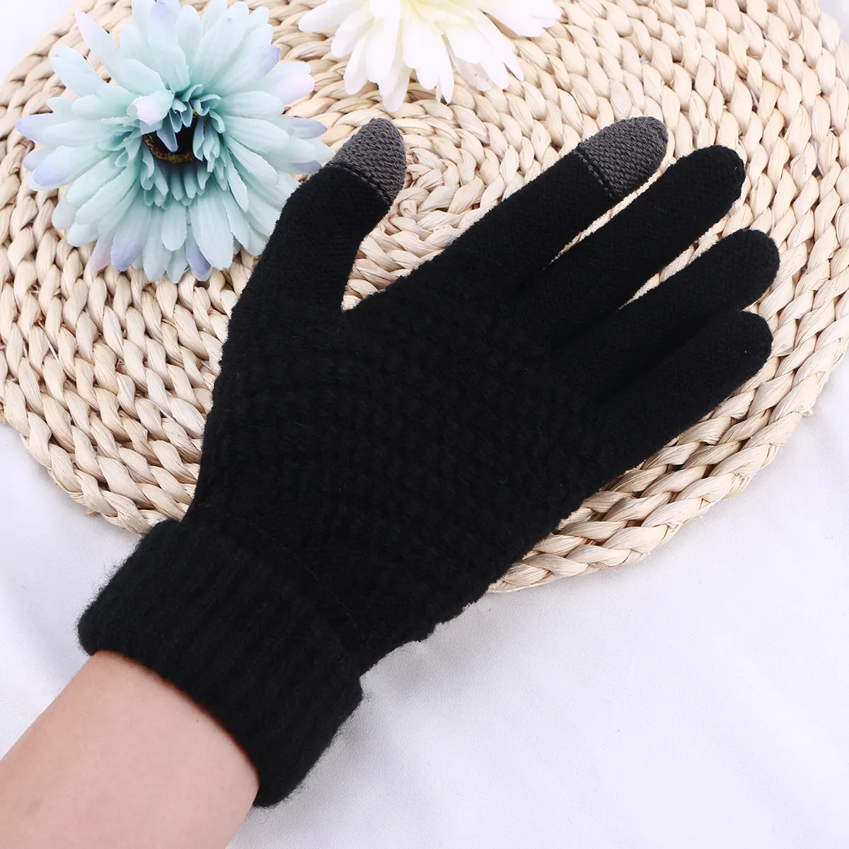 Touch Screen Gloves Black Full Finger Warm Winter Knit Mittens Stretch Crochet for Outdoor Activities Women Men