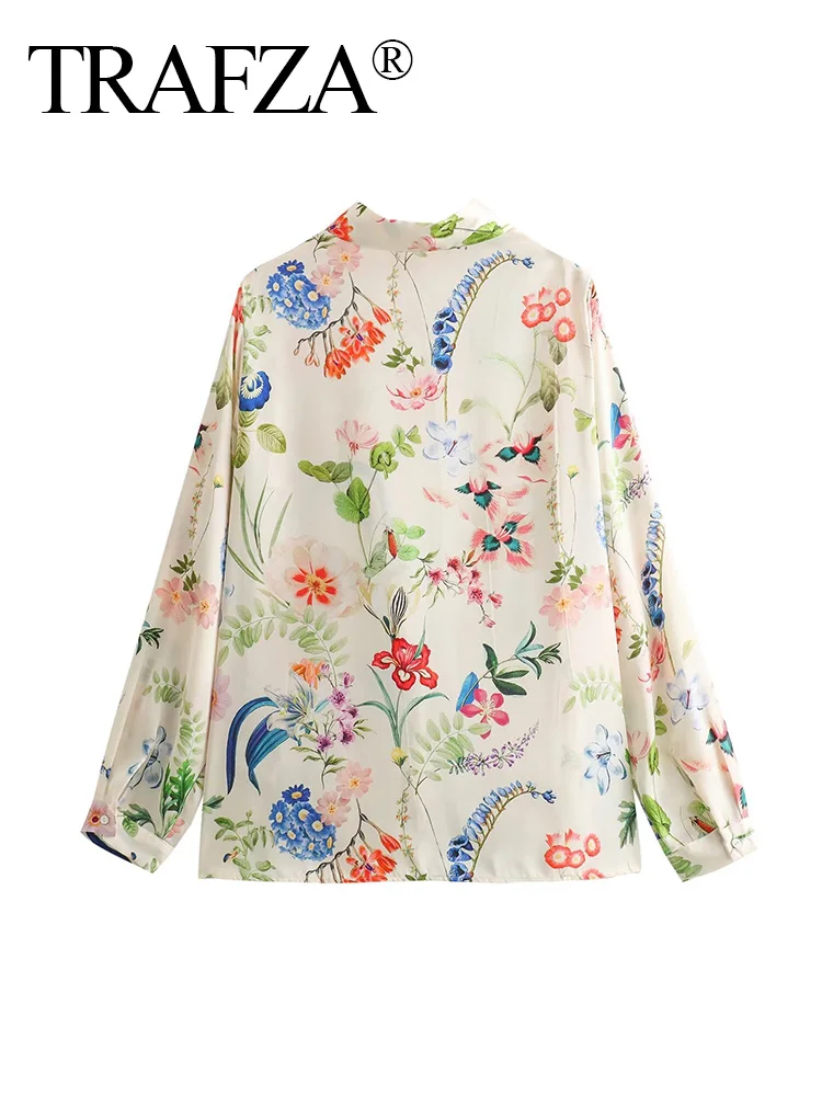 TRAFZA 2024 Women’s Leaf Floral Printed Blouses Button Pocket Long Sleeve Shirts  Women’s Summer Casual Loose Shirts Beach Style