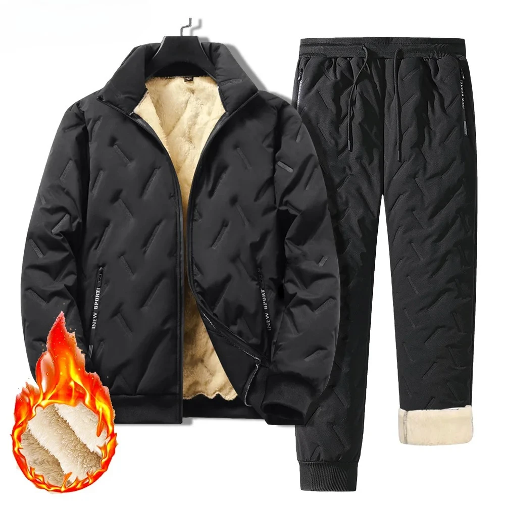 

New Men's Autumn and Winter Sports Suit Thickened Lamb Fleece Cotton Jacket and Pants Two-piece Set Casual Warm Coat and Pants