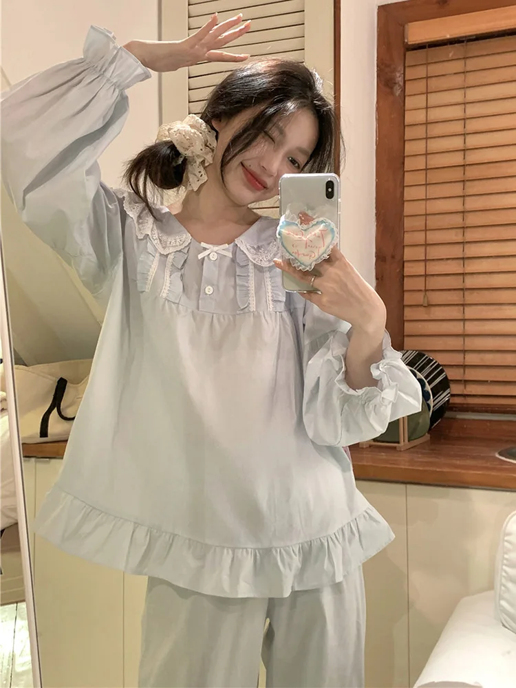 

Lace Soft Princess Simple Korean 100%cotton Sweet Long Sleeve Pajama Set Women Spring Summer Solid Elegant Casual Sleep Tops Ins