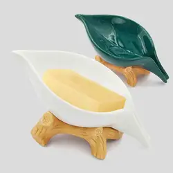 Leaf-Shaped Shower Soap Dish Self Draining Soap Organizer Ceramic Soap Holder Waterproof Soap Case Stable for Washroom Kitchen