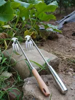 Mini Garden Rake Stainless Steel Weeding Loosen The Soil Shovel Agriculture Hoeing Tools Wood Handle 4 Teeth
