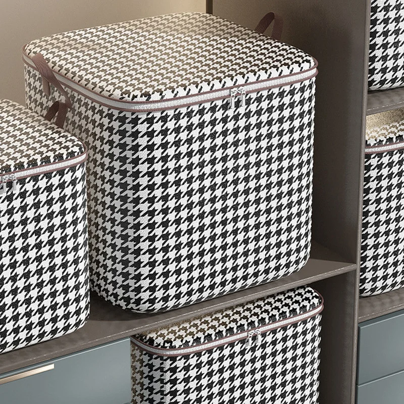 Houndstooth Cloth Storage Box With Cover Quilt Bedroom Closet  Handle Container Large-Capacity Storage Box Moving Packing Bag