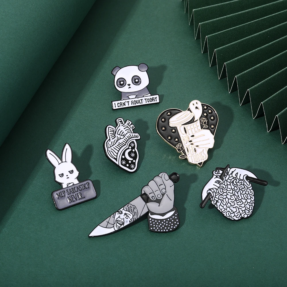 6Styles Goth Darkness Weave Brain Enamel Brooches Ticker Knife Panda Rabbit Sarcastk?Never Shaped Pins Ghost Coffee Heart Badge