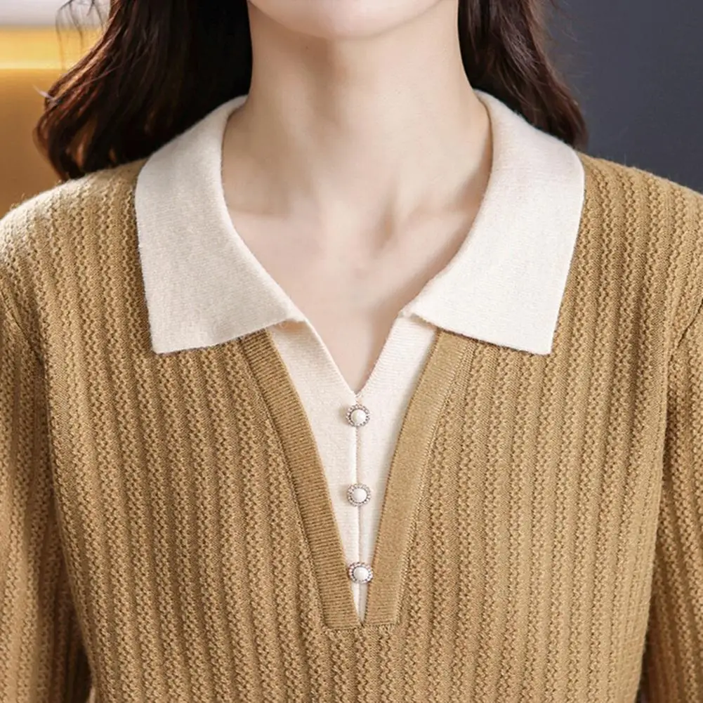 Women Clothes Spring Autumn Fashion Simplicity Button Solid Color Collar Ladies All match Temperament Knitting Screw Thread