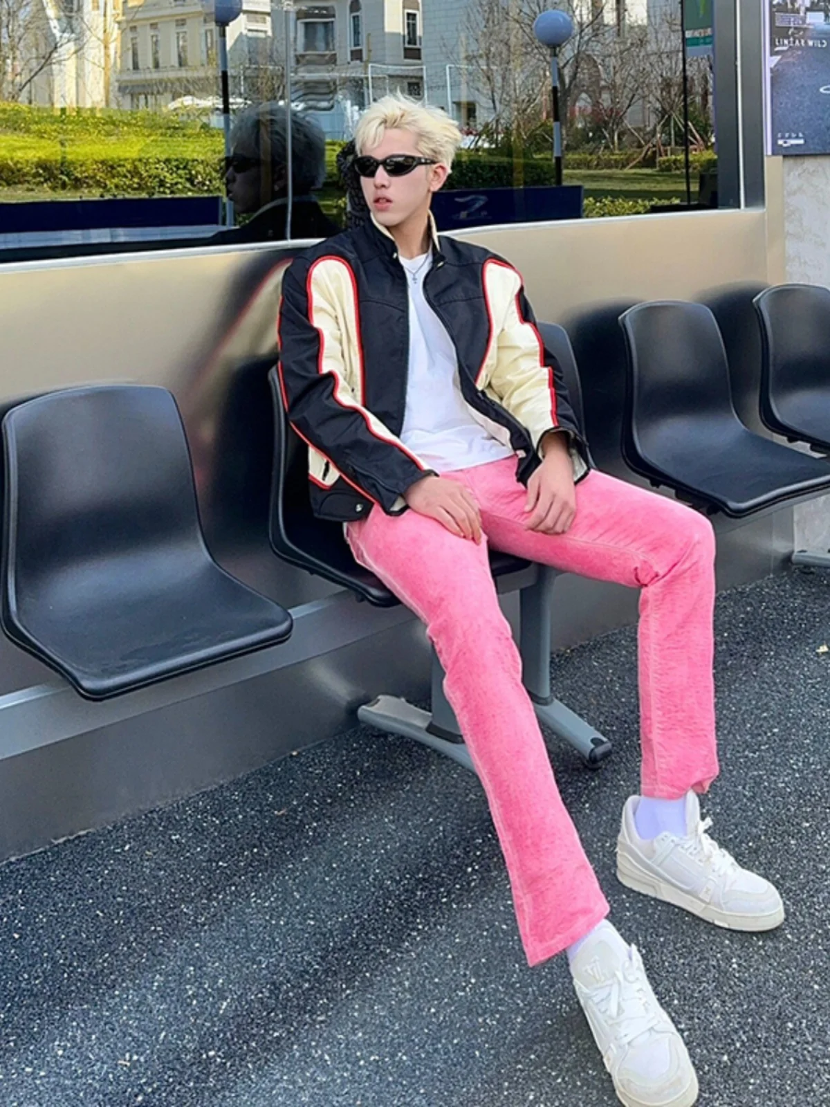 

Early Spring ort Jaet Men's oulder Padded Patchwork Pilot Sle Motorcycle Clothes CleanFit Youthful Trendy Outerwear