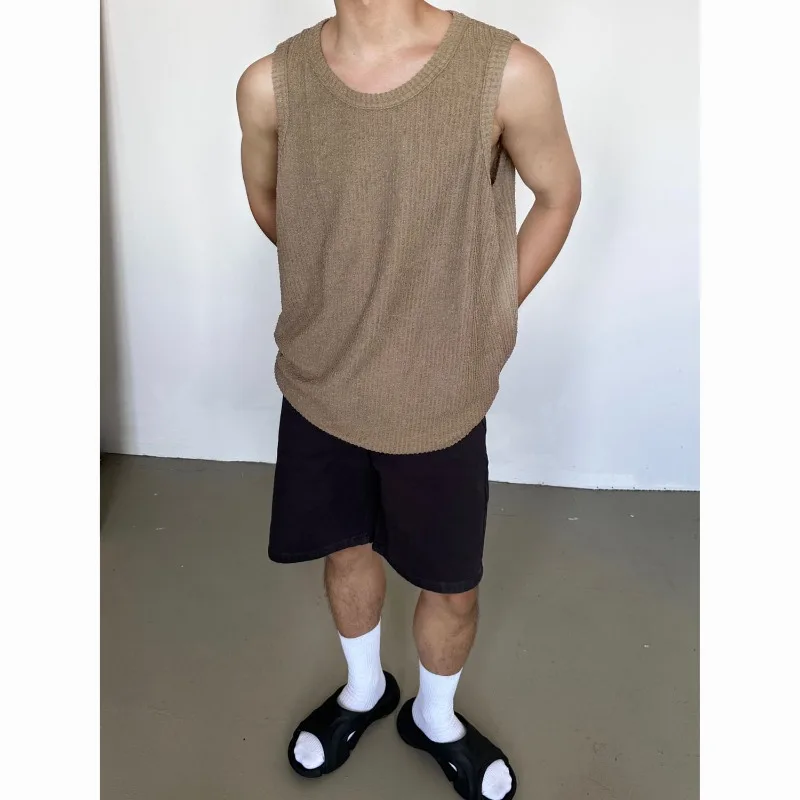 

Juspinice Summer Lazy Style Knitted Tank Tops for Men's Summer O-neck Sleeveless T-shirts Loose Casual Breathable Fashion Tees