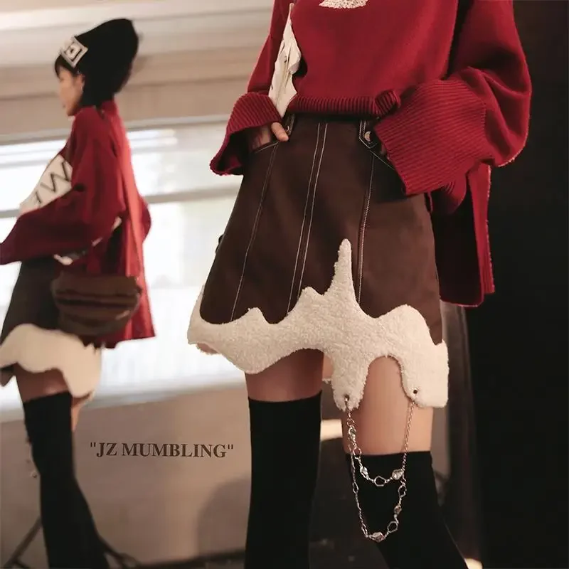 

Winter Pine Nut Cheese Mini Skirt Women Christmas A-line Skirt High Waist Artistic Suede Splice Gothic Girl Cute Short Skirt Y2K