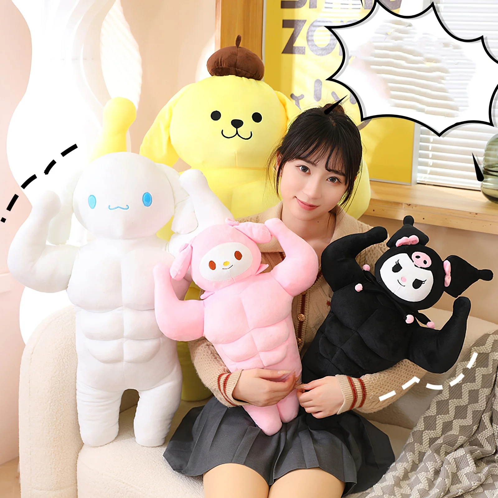 Cartoon Sanrio Muscle Kuromi My Melody Plush Toy Kawaii Cinnamoroll Pom Purin Big Size Soft Stuffed Doll Girl Sleep Pillow Gift