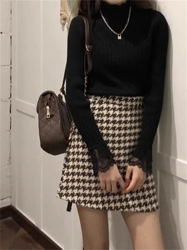High Waist A-Line  Skirt Women's Autumn Casual Slimming Plaid Woolen Skirt Prevent Exposure Wrap around Half-length Skirt