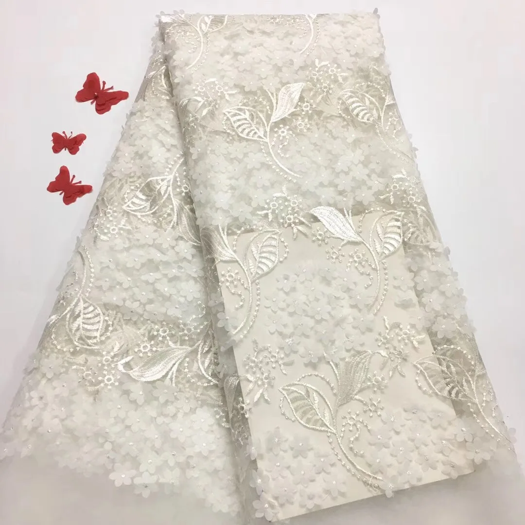 

2019 White High Quality African Cotton Embroidery African Milk Silk Cord Soluble Lace Fabric With Stones For Dress RF23