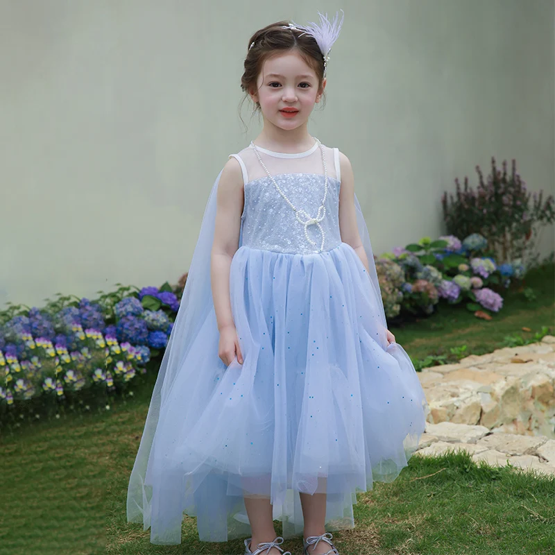 Girls Princess Dress Summer 2026 Kids Puffy Mesh Skirt Birthday Cape Blue Elegant Noble Dress Party Wear