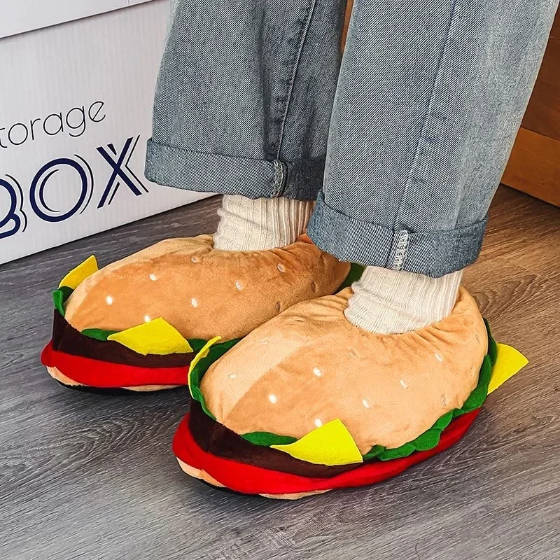 Śmieszne bawełniane kapcie damskie Cute Cartoon Hamburger Shoes jeden rozmiar trampki damskie kapcie domowe ciepłe zimowe slajdy unisex