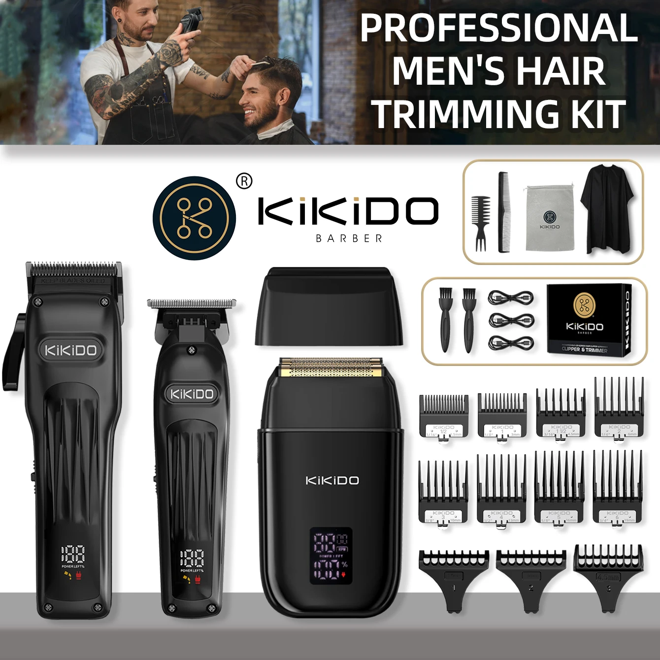 

KIKIDO Three-piece Hair Trimming Set Professional Salon Barber Push Razor High Quality Powerful Waterproof 8500 rpm Four-speed