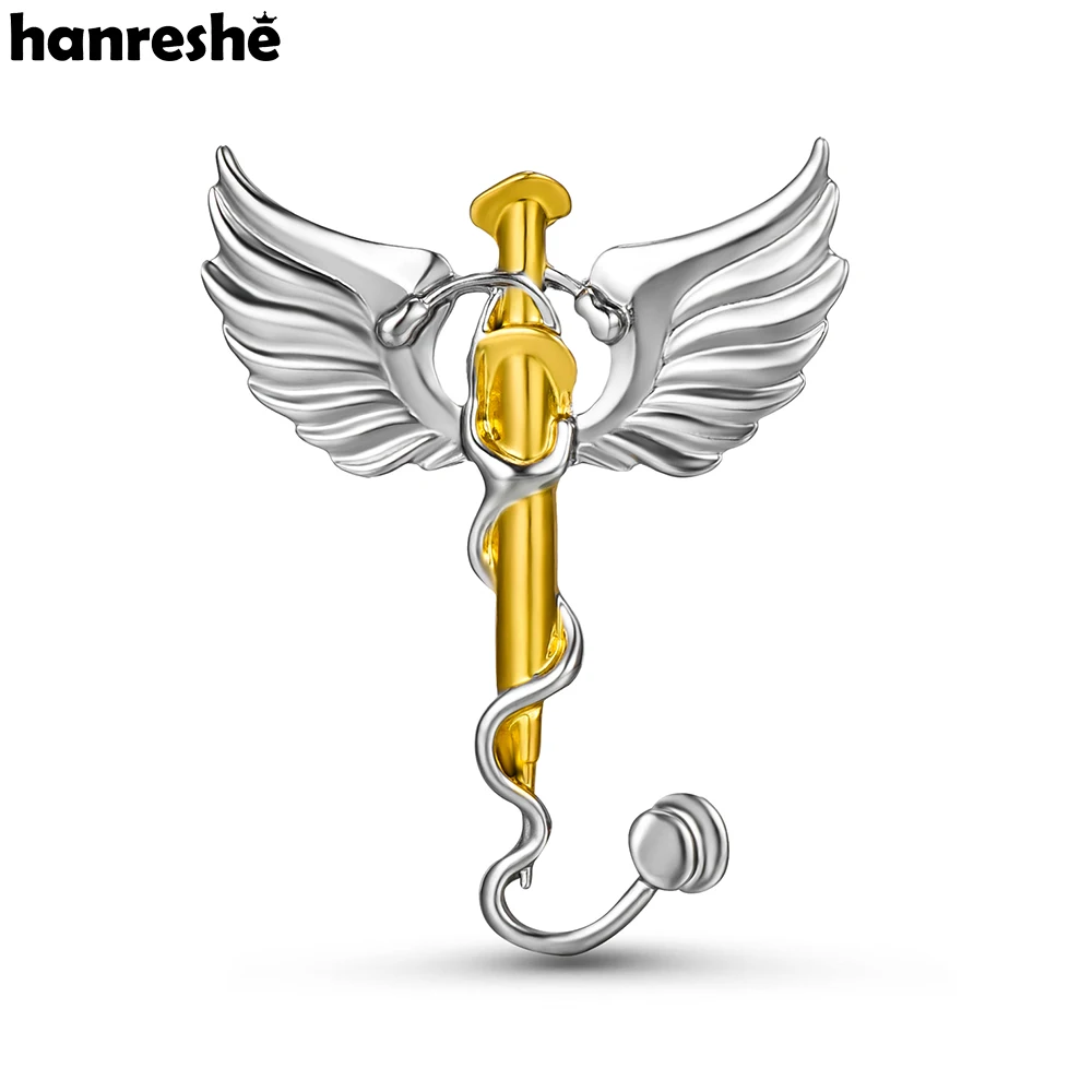 Hanreshe Medical Caduceus Stethoscope Syringe Brooch Pin Luxury Doctor Nurse Medicine Jewelry Lapel Badge Gifts