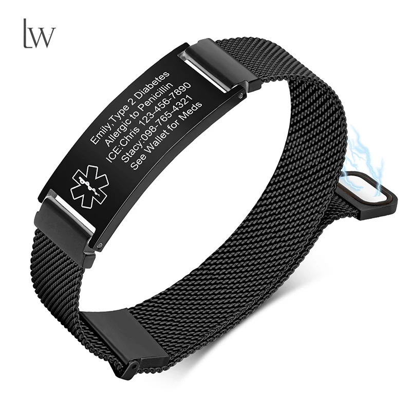 

Medical Alert Id Bracelet for Men Women Custom Engraving Stainless Steel Customizable Mesh Emergency Survival Medic Bracelets