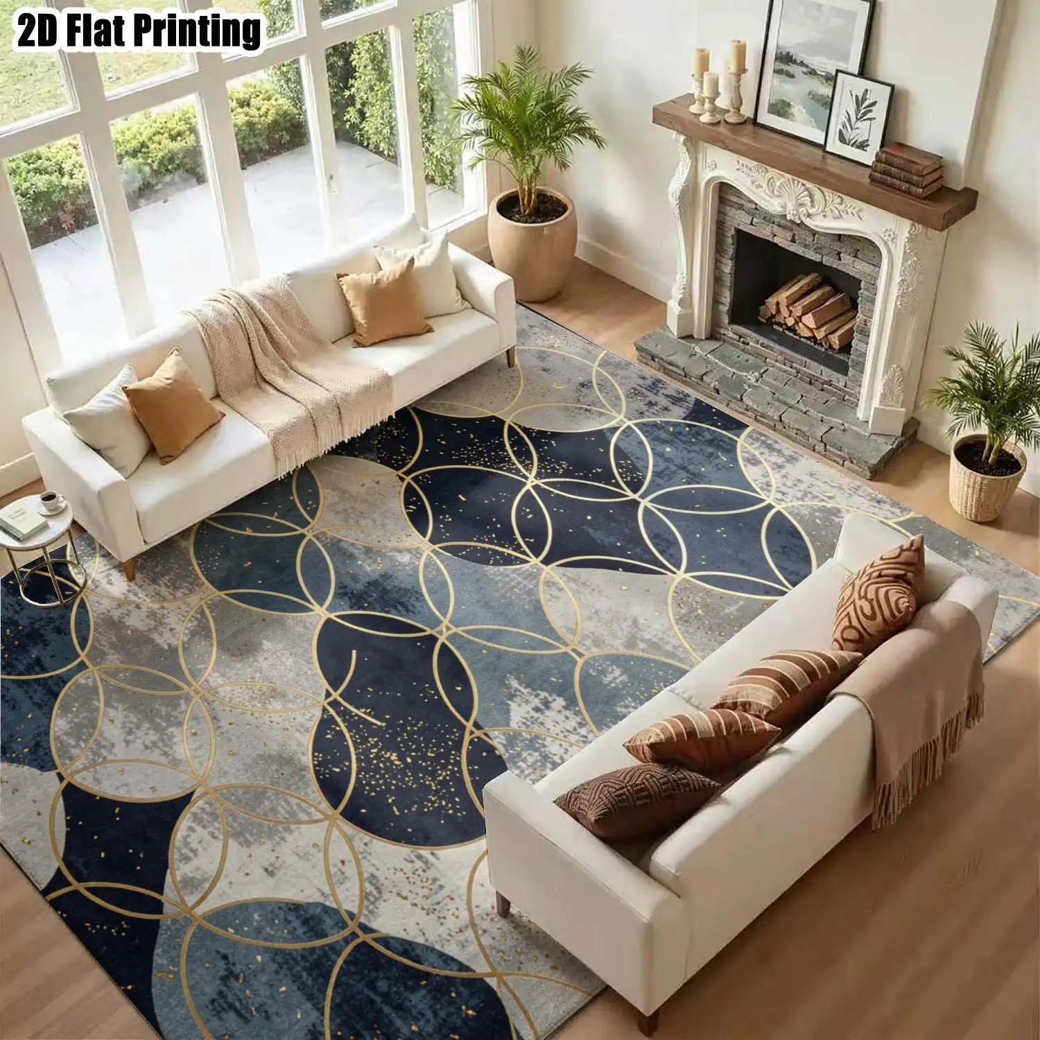 1Pc 2D Printed Carpet: Blue-Grey Geometric Circle Patterns, Nordic/Instagram/Modern Minimalist/European/Vintage Style, Multi-Size, Machine Washable, Suitable for Entrance, Dining Room, Foyer, Living Room, Bedroom, Study as a Floor Mat/Home Decor