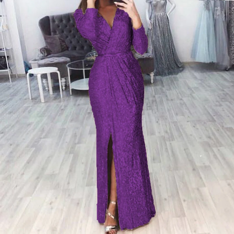 Women Deep V Neck Sequin Dress with Slit Long Sleeve Club Party Evening Dress For Women Lady B99