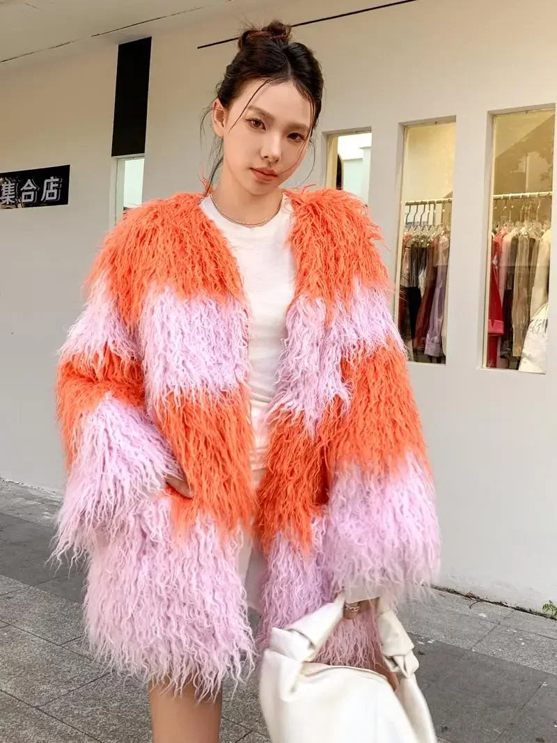 2024 Persimmon Red Splicing Cherry Blossom Pink Faux Fur Top Jacket Plush Loose Autumn And Winter Contrasting Beach Wool Coat