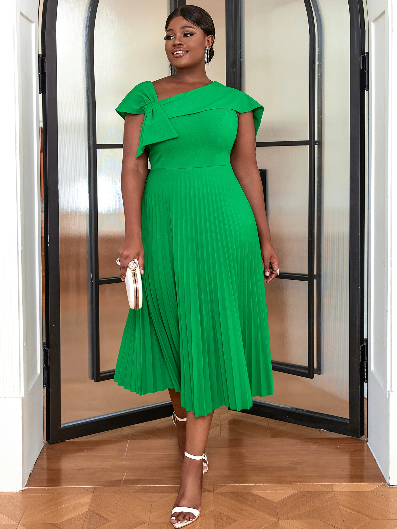 Women Plus Size Midi Pleated Dress Bow Flutter Sleeve A Line Elegant Fashion African Formal Evening Event Prom Outfits Summer