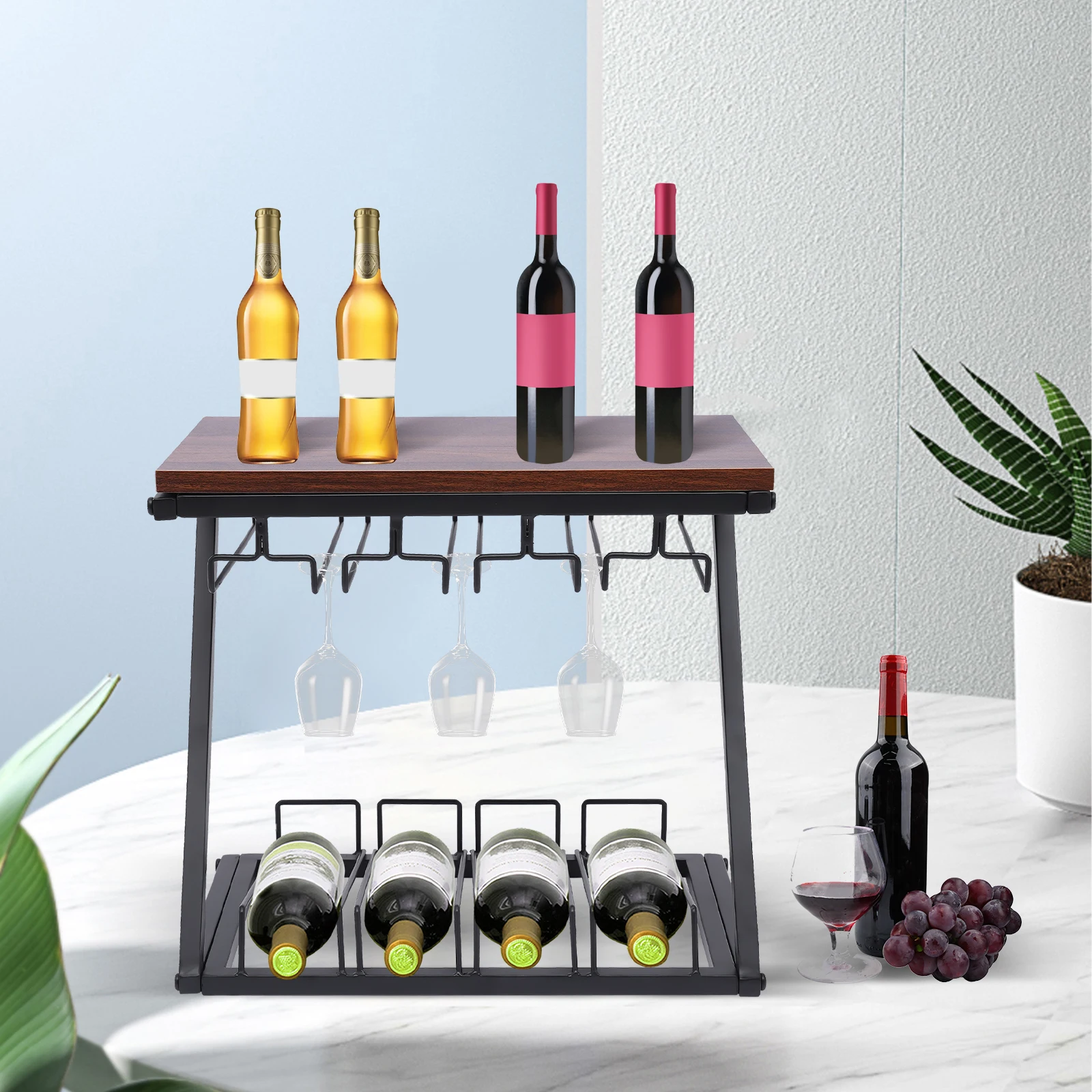 Freestanding Wine Rack with Glass Holder - Holds 4 Bottles & 8-12 Glasses, Perfect for Kitchen, Bar, Wine Cellar, and Cabinet