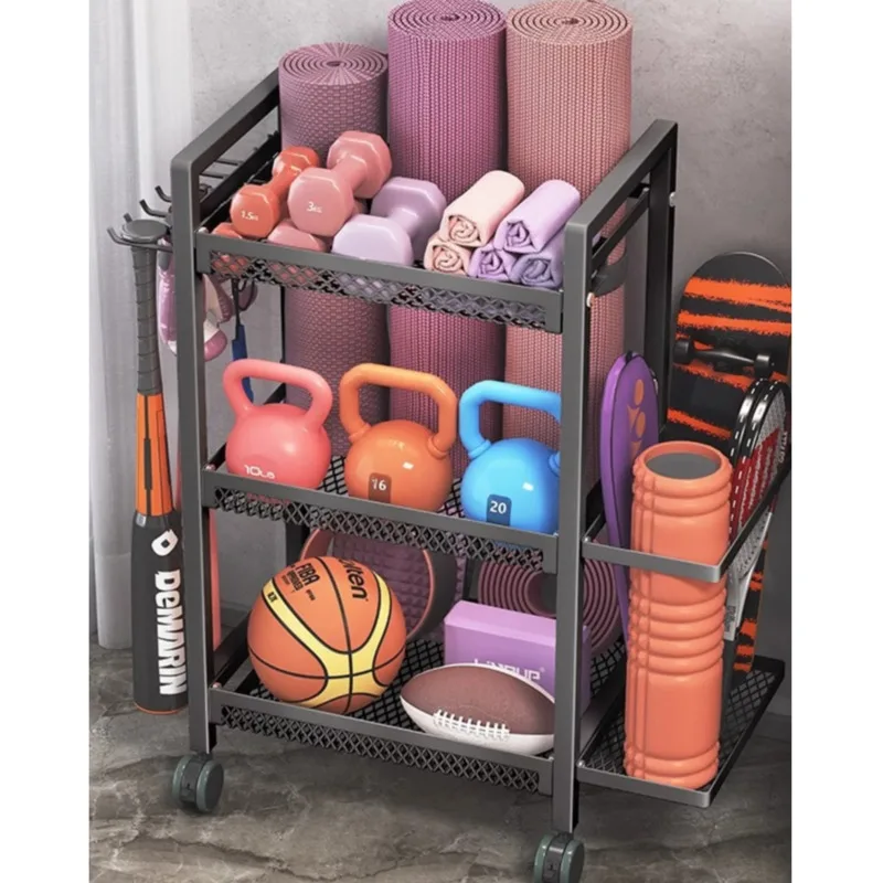 Simple Double Layer Pulley Movable Sports Fitness Equipment Storage Rack Breathable Basket Yoga Mat Foam Shaft Storage Basket