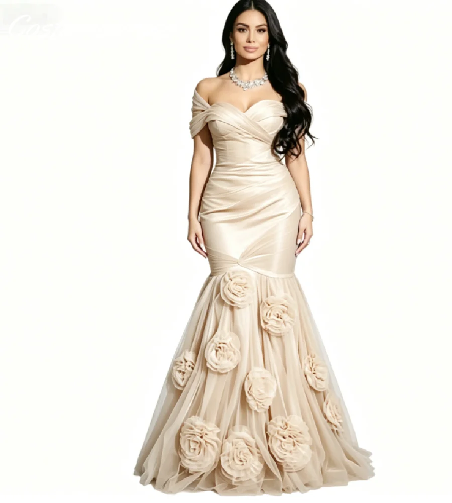 

Charming Light Blue Mermaid Evening Dress With 3D Florals Off Shoulders Tulle Arabic Prom Gowns Floor Length Maxi Formal Party
