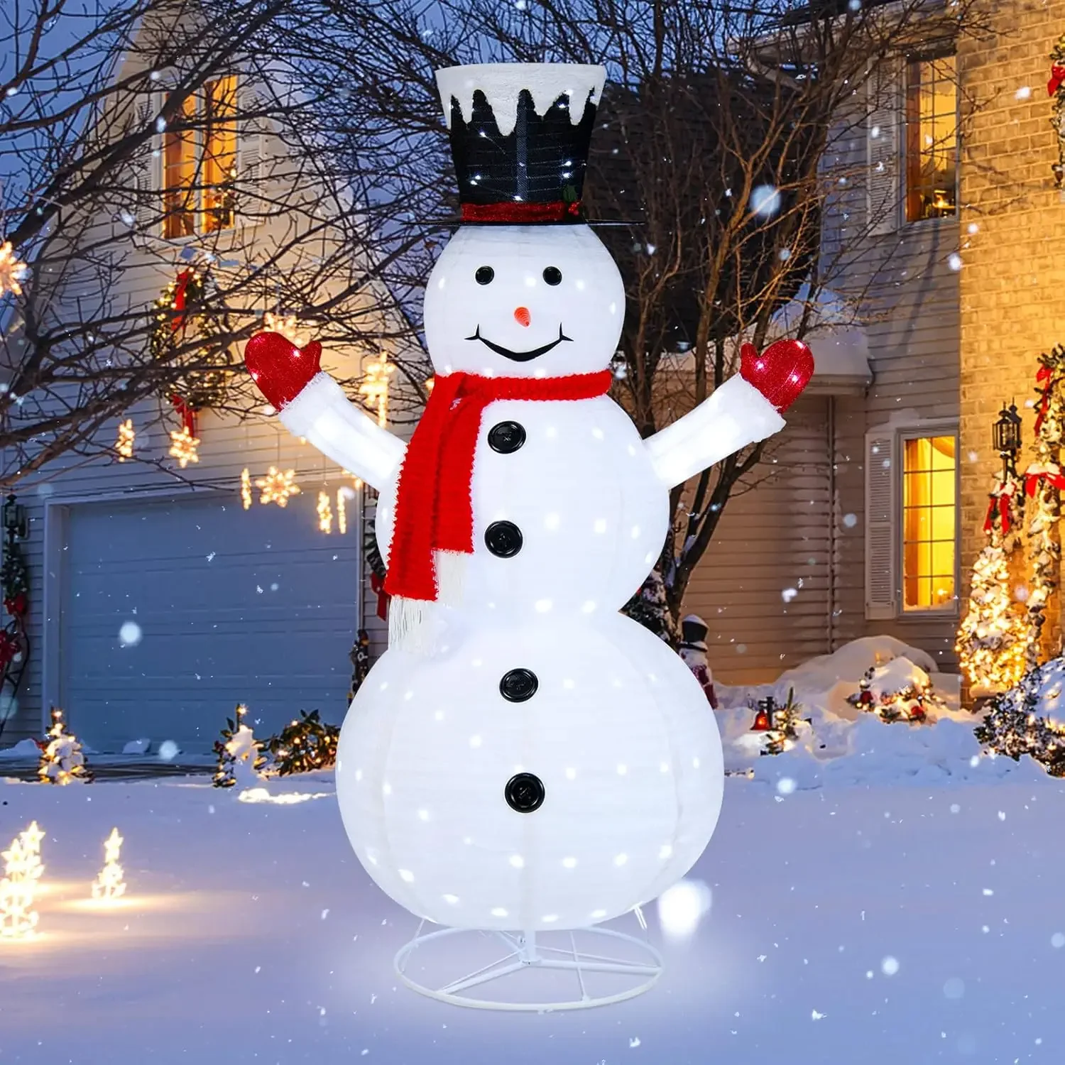 

6 FT Lighted Christmas Snowman, Outdoor Pop-up Snowman Figure w/200 Lights, Red Scarf, Black Hat, Ground Stakes, Zip Ties