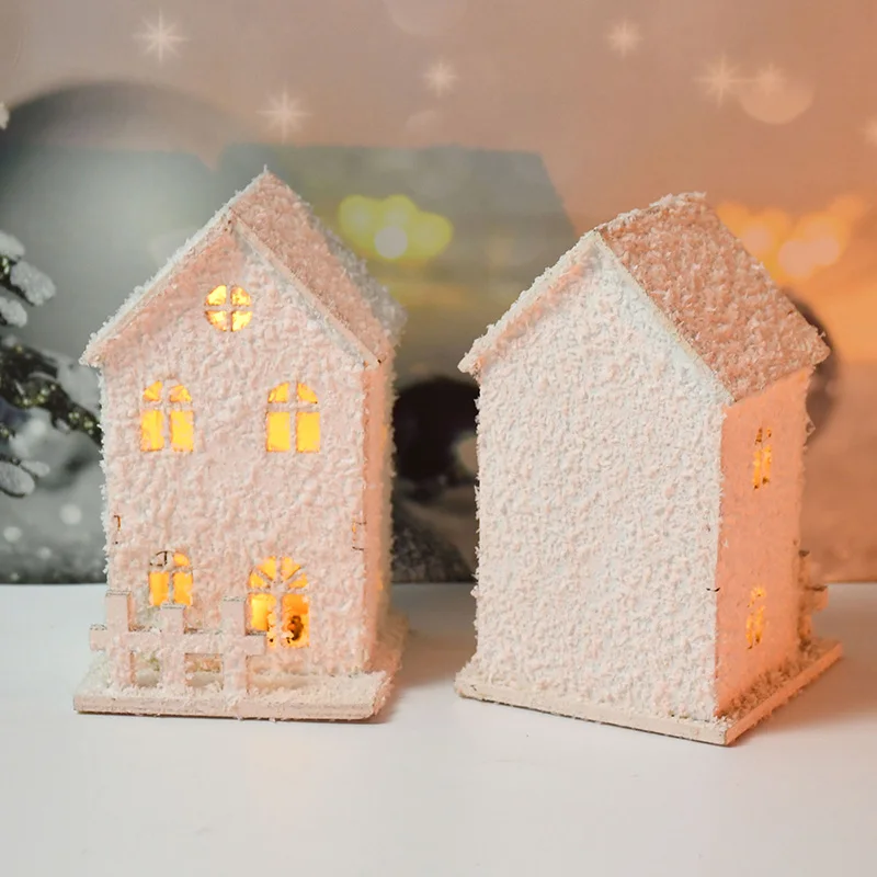 Christmas LED Light Wooden House Whit Snow Luminous Cabin Christmas Tree Hanging Ornament Glowing Castle Kids Gift New Year 2024