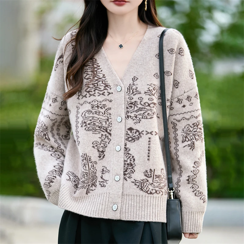 

Fall/Winter New Wool Cardigan Female V-neck Thick Loose Sweater Female Knitted Wool Coat Color Matching Top Female