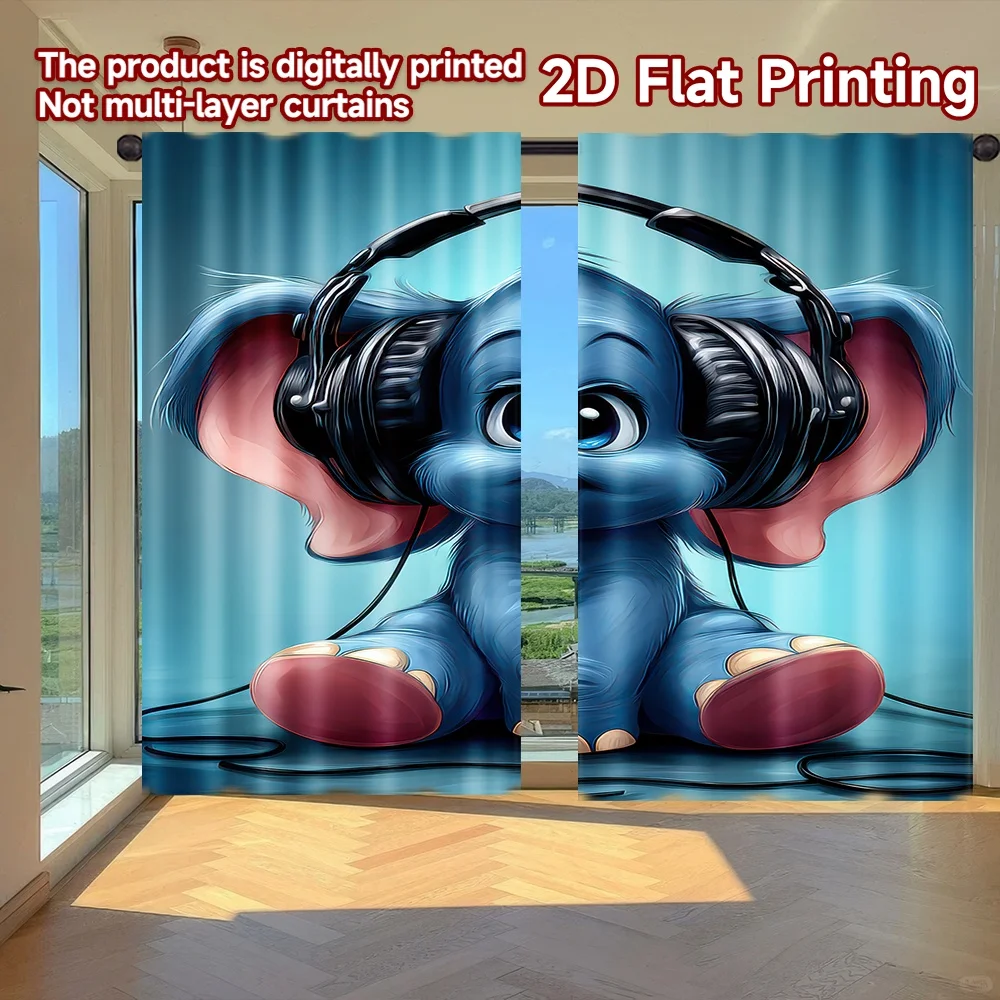 

2D flat printing 2pcs Window Treatment Curtains Cute Elephant with Headphones Digital Printed Polyester Drapes Family Party for