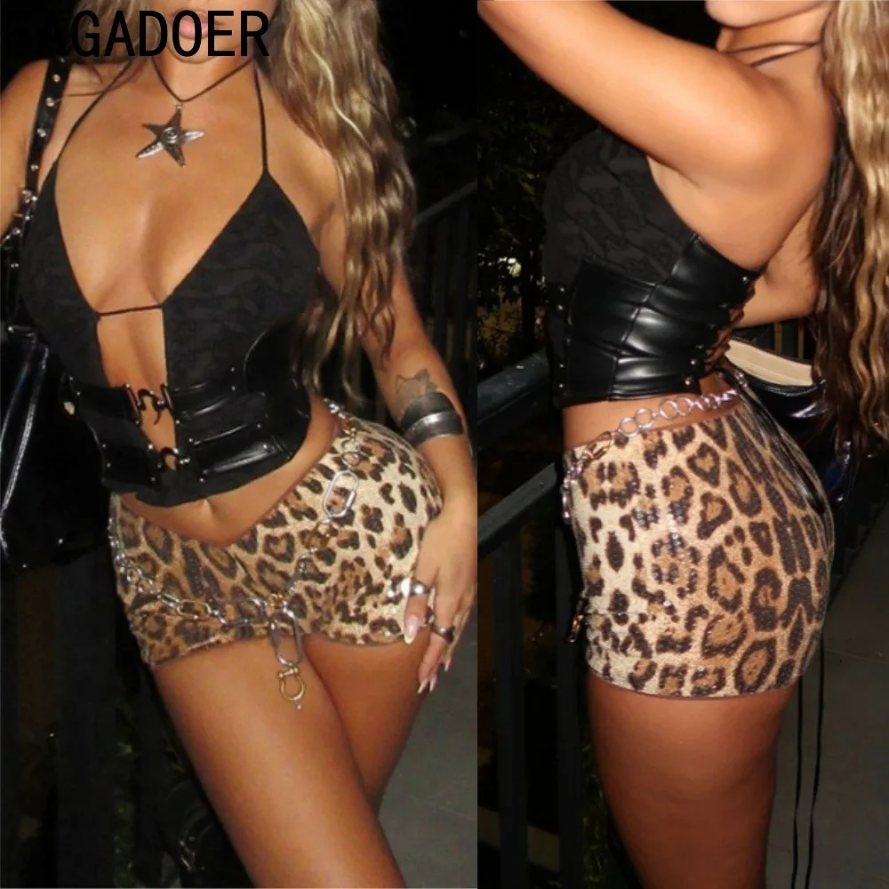 

FAGADOER Sequin Leopard Print Sexy Shorts Women Sparkling Patchwork Leopard Print Shorts Hot Girl Nightclub Streetwear Bottoms