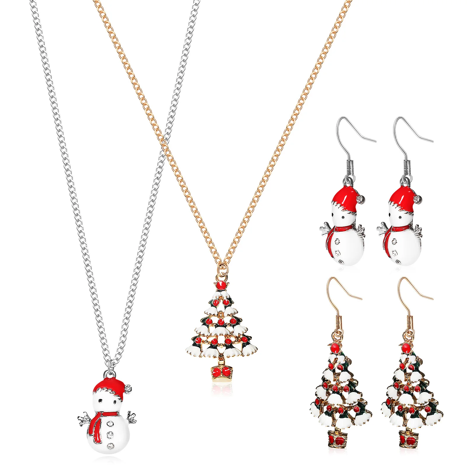

2 set Necklace Earrings Set Christmas Jewelry For Women Snowman Tree Design Drop Dangle Hook Rhinestone Holiday Gift Party