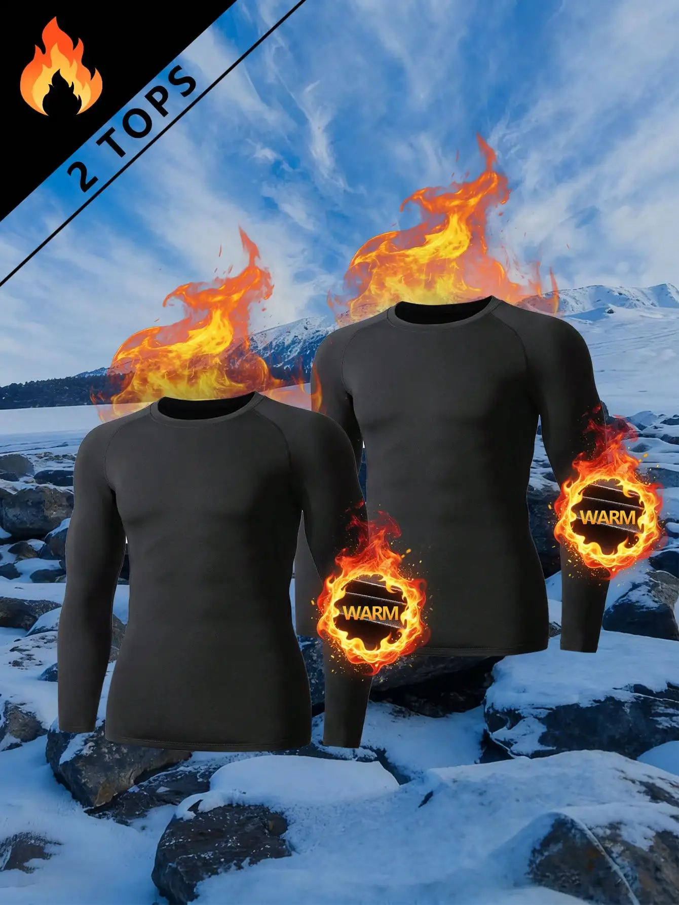 

2-Pack Men's Thermal Long Sleeve Base Layer Tops, Black, Round Neck, Slim Fit for Cold Weather