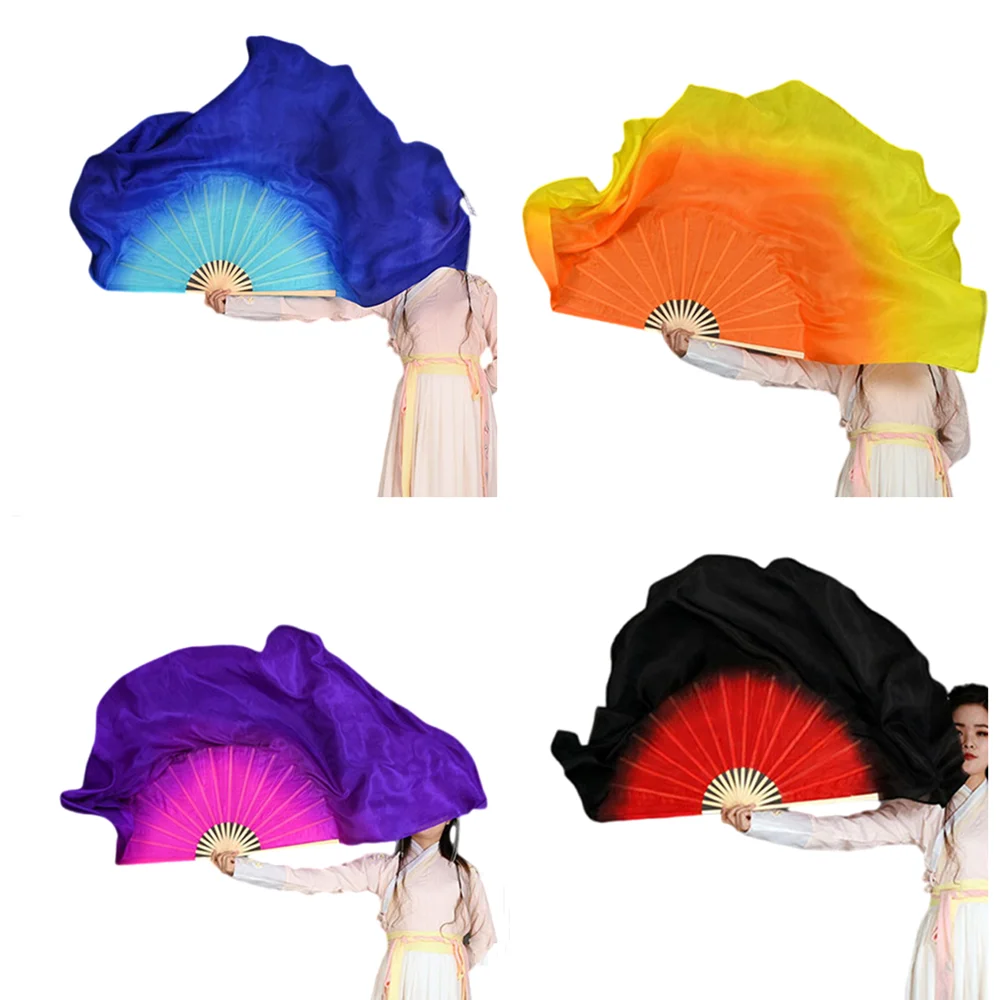 

2 Layers Dance Fan Veil 100% Real Silk Women Bellydance Hand Props Worship Praise Wedding Party Costume Square Dancer Show 34"