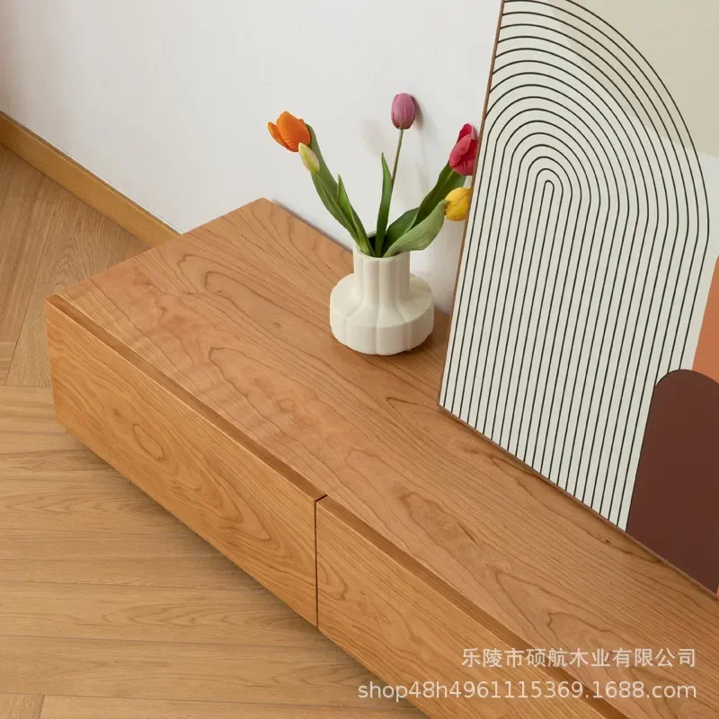 Solid Wood Black Walnut TV Cabinet Nordic Cherry Wood Living Room Audio Visual Cabinet Simple Modern White Oak Floor Storage