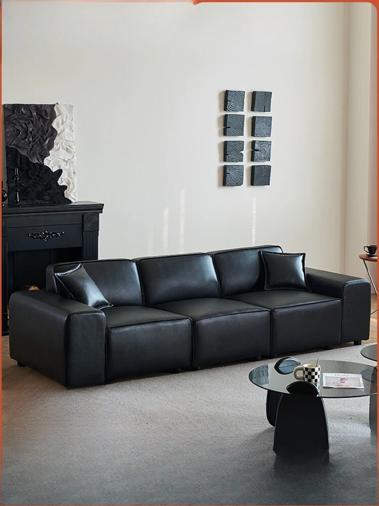 

Big black cowhide art sofa living room small apartment straight row office Italian minimalist summer tofu block sofa black
