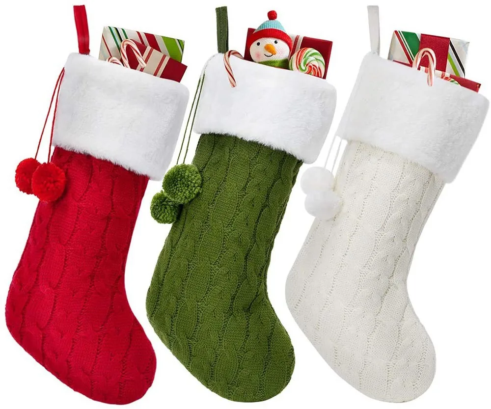 

Christmas outdoor decoration Kids gift thickened knitted solid color sock Santa faux fur Christmas stocking with pompon