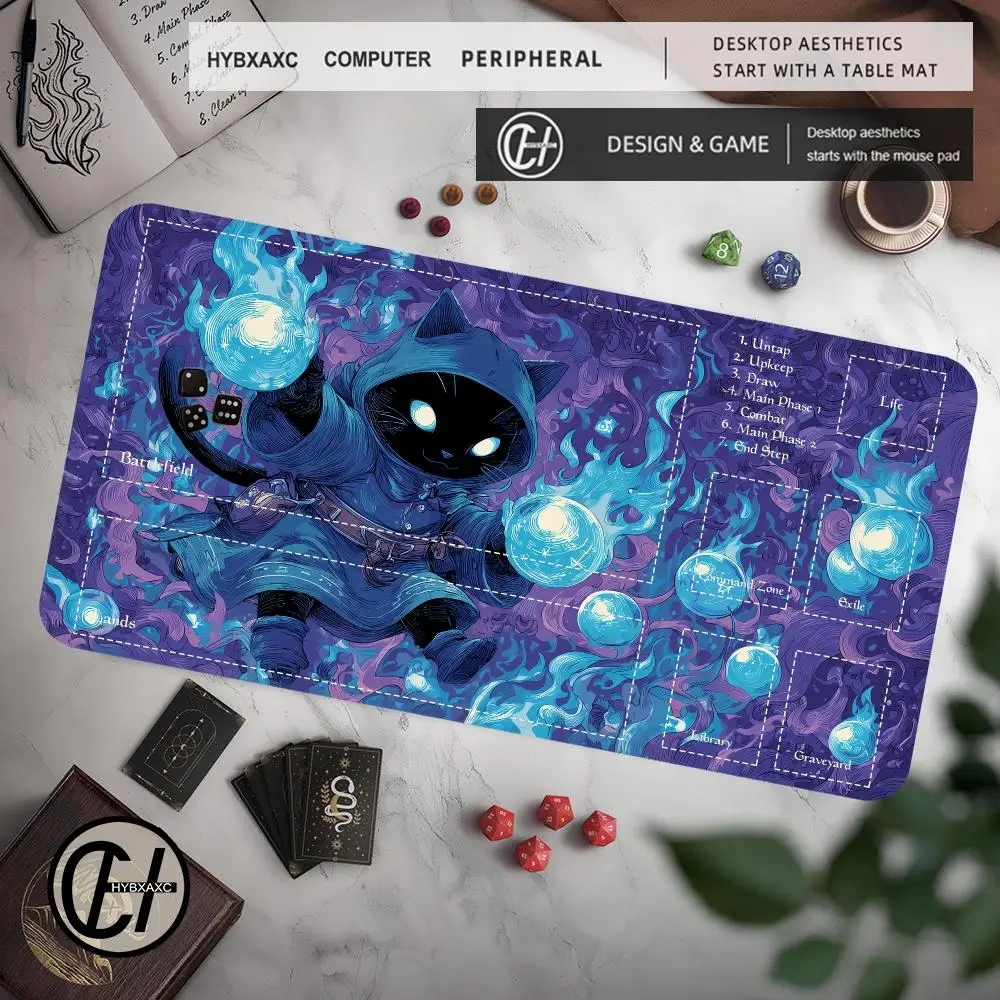 Blue Cloak Black Cat Wizard Design MTG Playmat Magic Card Battle Mat Non-Slip Stitched Edge Tapete Magic Mtg Tabletop HYBXXC