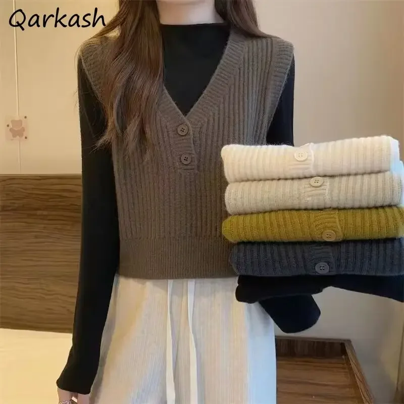 

Retro Vests Women Autumn Winter New Popular Underlay Solid Loose V-neck Sleeveless Knitting Sweaters Outerwear Simple All-match