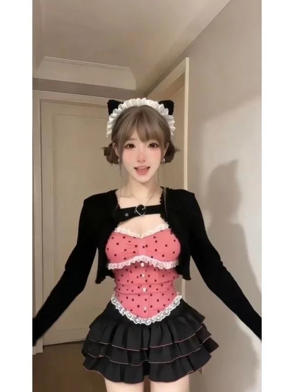 

Summer Sweet Cute Black Cardigan Coat Polka Dot Pink Strap Top Fluffy Skirt Set Women's Fashion Spring Collection