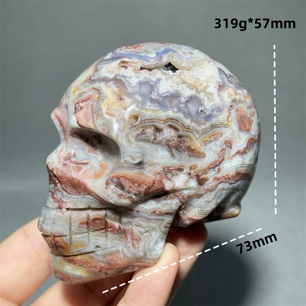 Mexican Agate Hand Carved Skull Natural Exquisite Mineral Crafts Healing Energy Meditation Home Feng Shui Decorative Gift