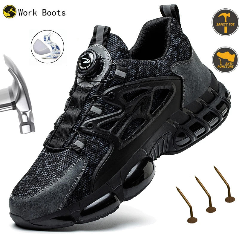 

New Rotary Buckle Man Safety Shoes Puncture-Proof Work Sneakers Men Steel Toe Shoes non-slip wear resistant Roofing Shoes
