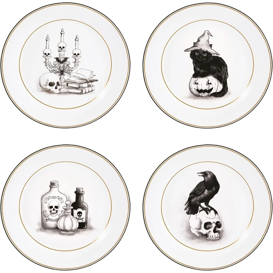 

Golden Vintage Halloween Black and White Ceramic 8.75 inch Salad Plates Set of 4 Microwave Safe Handwash Suggested Ideal for Se